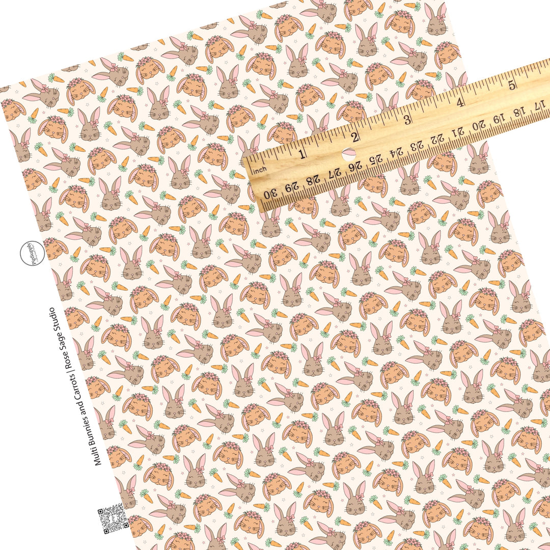 These spring pattern themed faux leather sheets contain the following design elements: multi-colored bunnies surrounded by carrots and tiny stars on cream. Our CPSIA compliant faux leather sheets or rolls can be used for all types of crafting projects.