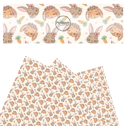 These spring pattern themed faux leather sheets contain the following design elements: multi-colored bunnies surrounded by carrots and tiny stars on cream. Our CPSIA compliant faux leather sheets or rolls can be used for all types of crafting projects.