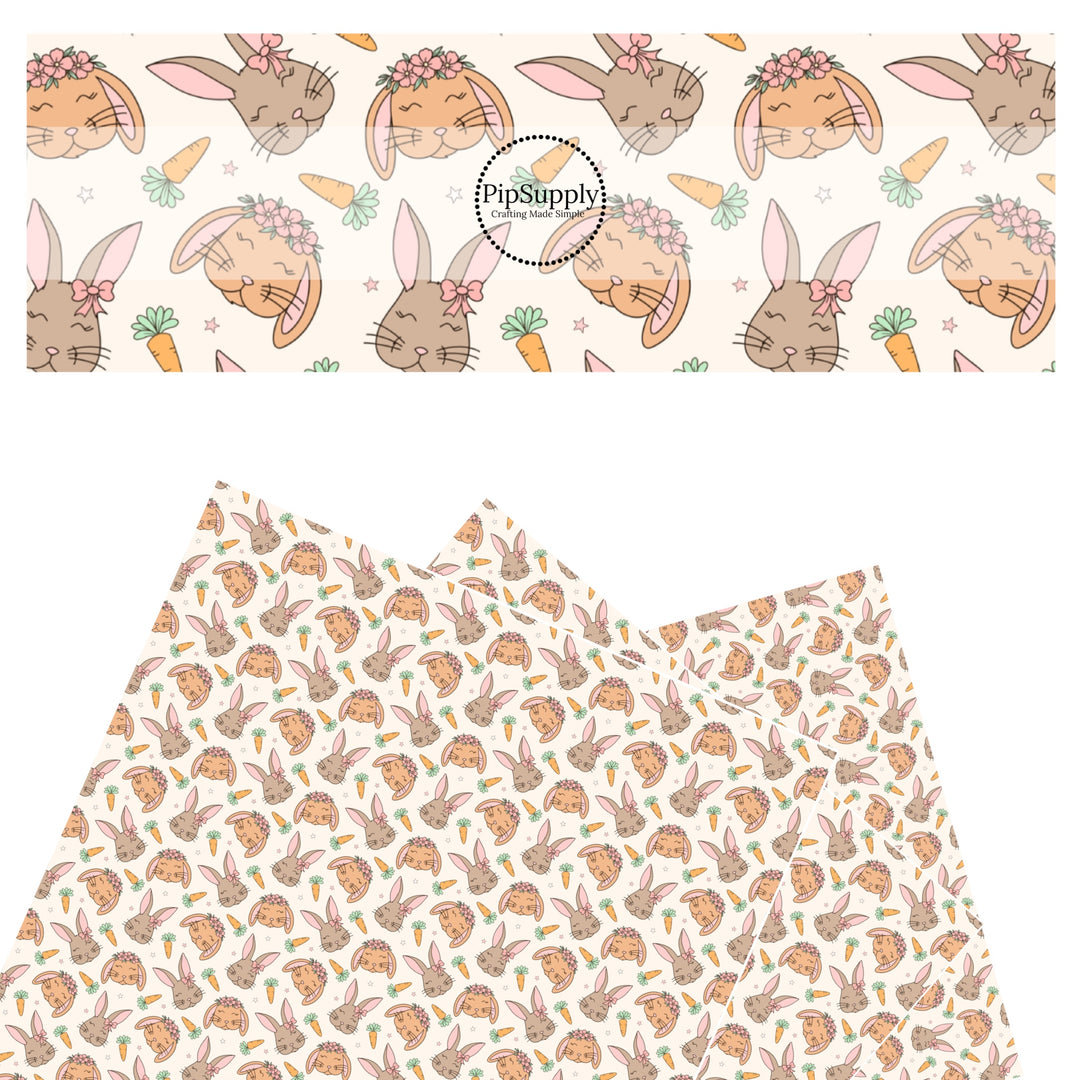 These spring pattern themed faux leather sheets contain the following design elements: multi-colored bunnies surrounded by carrots and tiny stars on cream. Our CPSIA compliant faux leather sheets or rolls can be used for all types of crafting projects.