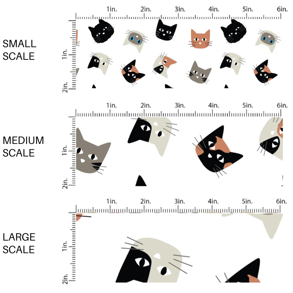 This scale chart of small scale, medium scale, and large scale of these Halloween themed pattern fabric by the yard features the following design elements: colorful cats. This fun spooky themed fabric can be used for all your sewing and crafting needs!