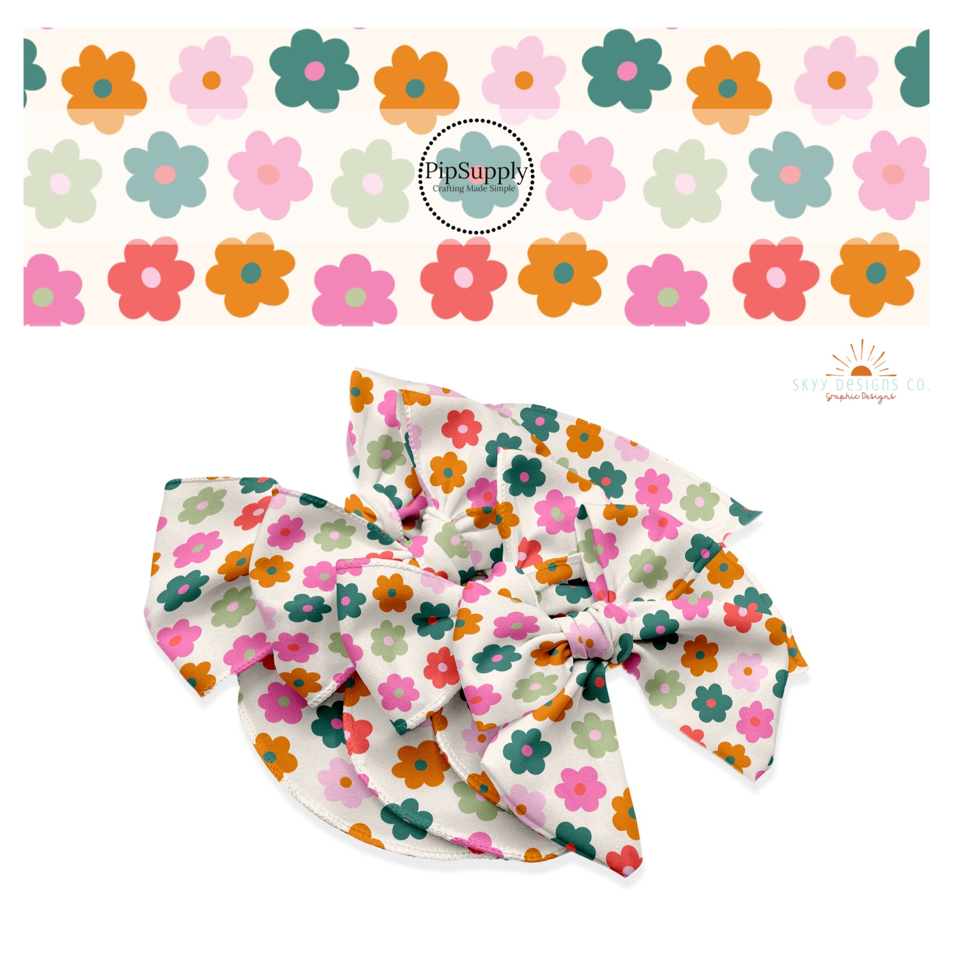 Orange with green center, pink with orange and green centers, green with pink centers, and coral with pink center daisies on cream hair bow strips