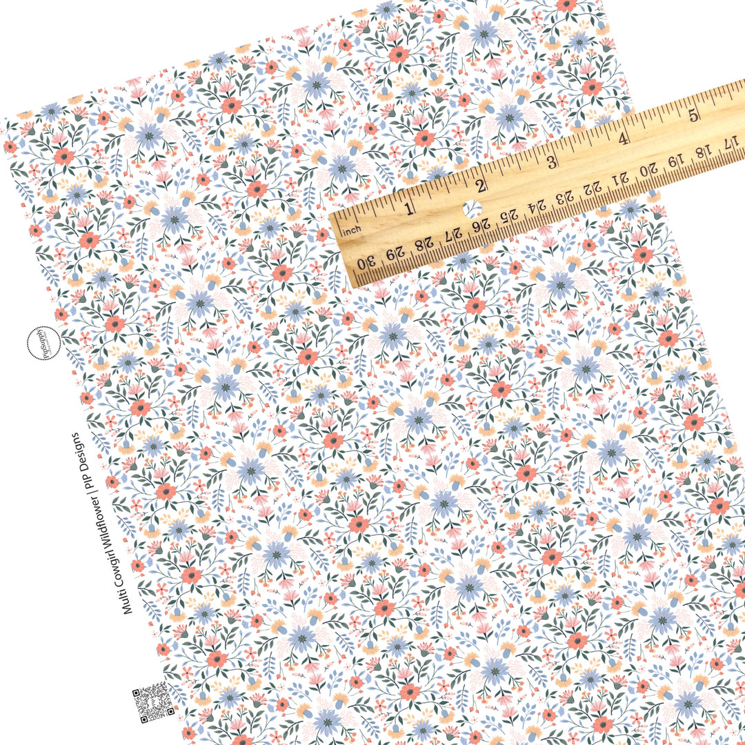 These spring wildflower faux leather sheets contain the following design elements: multi color wildflowers. Our CPSIA compliant faux leather sheets or rolls can be used for all types of crafting projects. The designer of this pattern is Hay Sis Hay. 