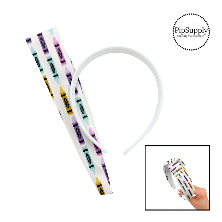 Aqua, yellow, pink, and purple crayons on white knotted headband kit