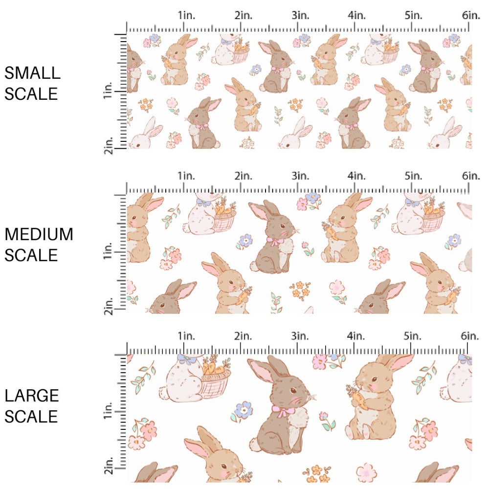 These spring fabric by the yard features bunnies surrounded by flowers and carrots. This fun pattern fabric can be used for all your sewing and crafting needs!