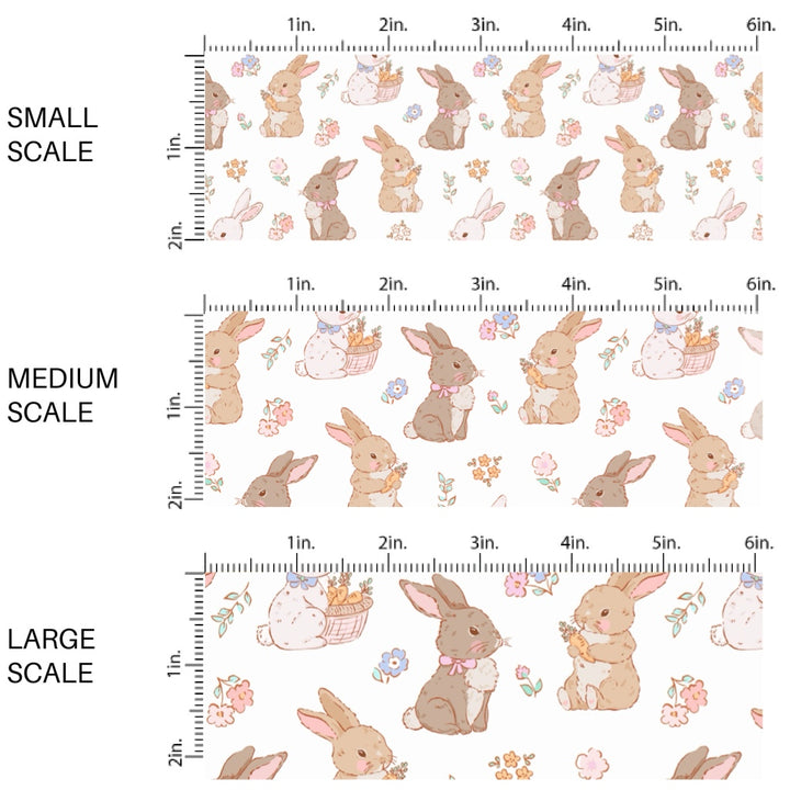 These spring fabric by the yard features bunnies surrounded by flowers and carrots. This fun pattern fabric can be used for all your sewing and crafting needs!