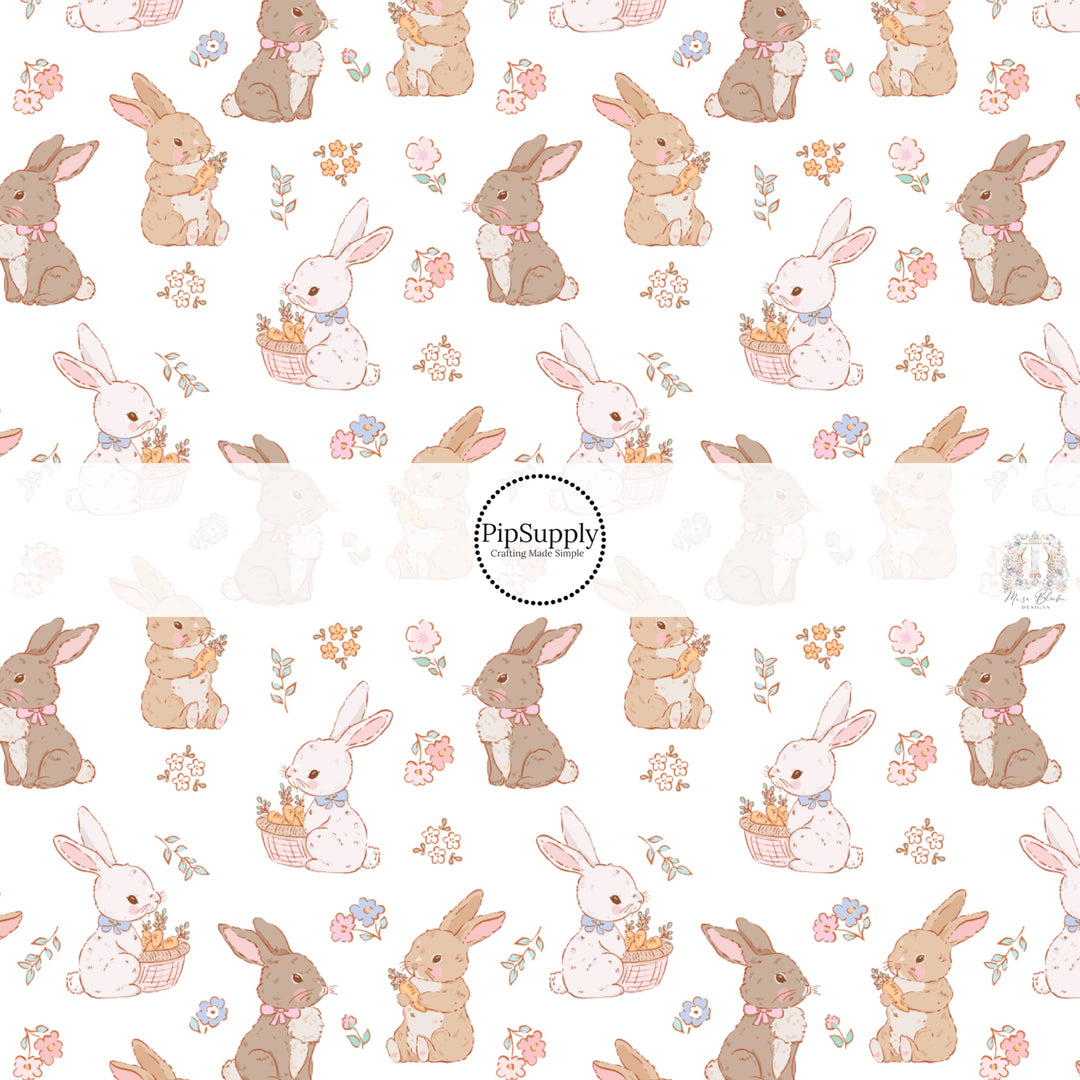 These spring fabric by the yard features bunnies surrounded by flowers and carrots. This fun pattern fabric can be used for all your sewing and crafting needs!