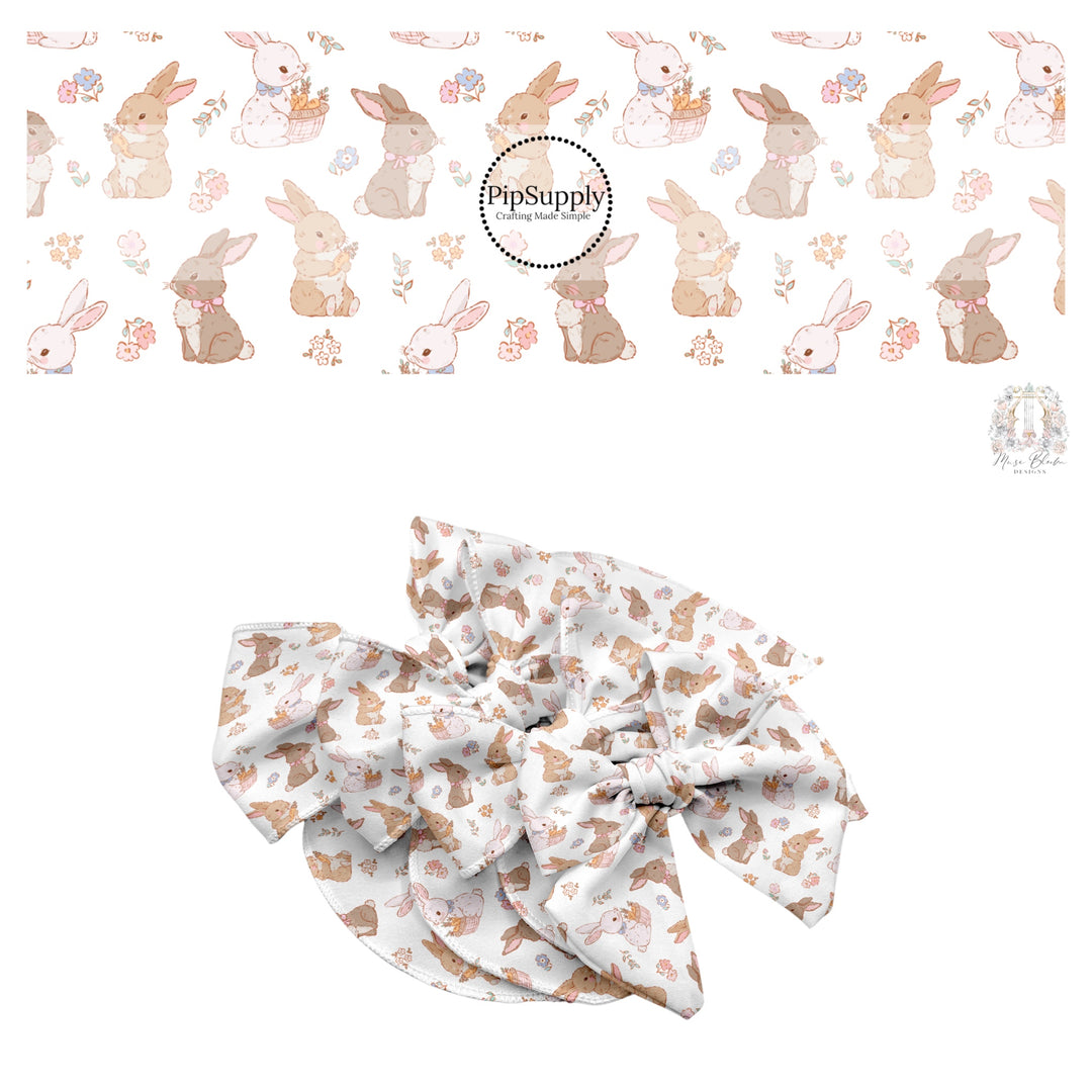 These spring themed no sew bow strips can be easily tied and attached to a clip for a finished hair bow. These bow strips are great for personal use or to sell. These bow strips feature the following design elements: bunnies surrounded by flowers and carrots.