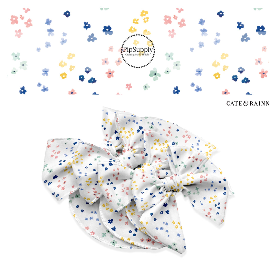 These spring themed no sew bow strips can be easily tied and attached to a clip for a finished hair bow. These bow strips are great for personal use or to sell. These bow strips feature the following design elements: tiny floral pattern.