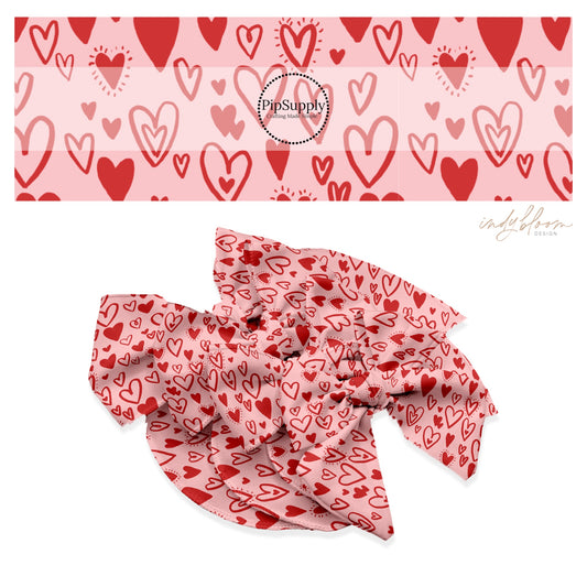 Mutli red drawn hearts on pink hair bow strips