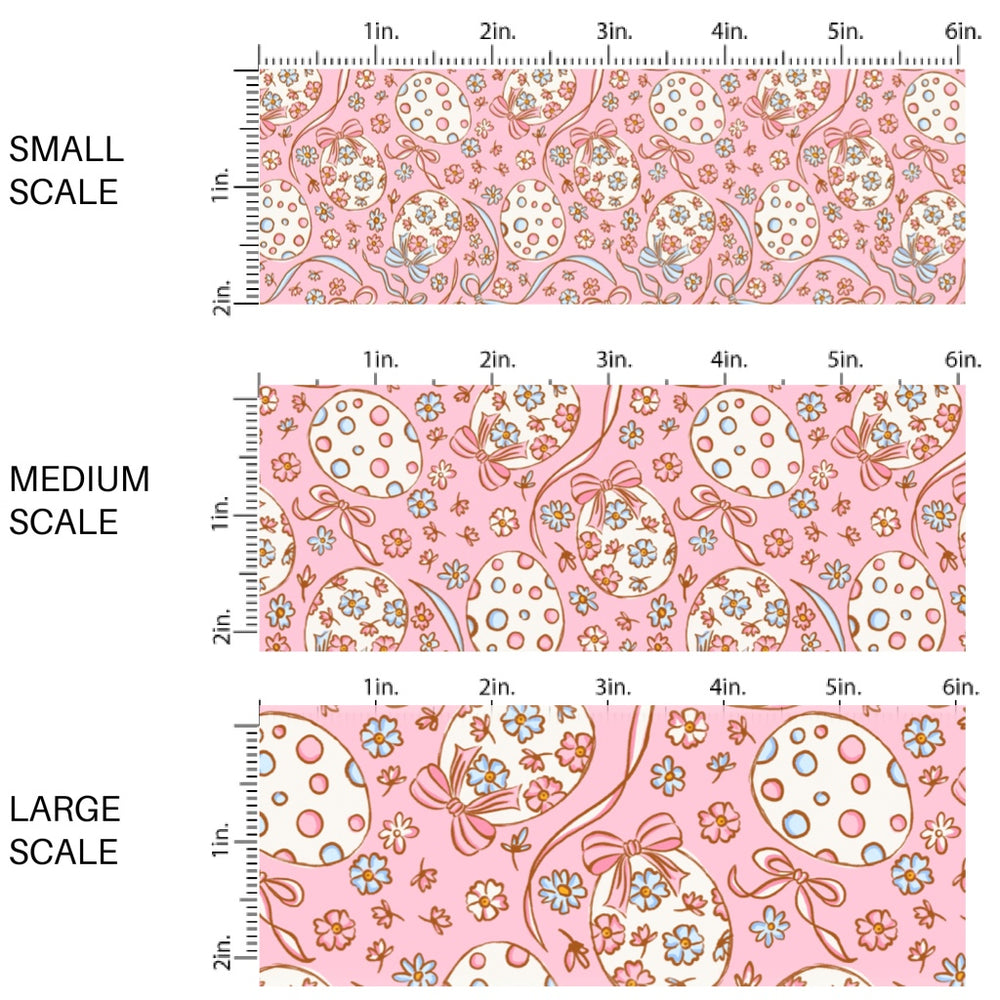This Easter themed fabric by the yard features beautiful Easter eggs surrounded by bows and flowers. This fun pattern fabric can be used for all your sewing and crafting needs!