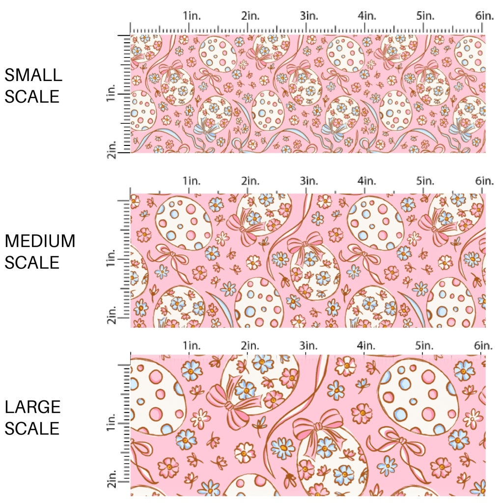 This Easter themed fabric by the yard features beautiful Easter eggs surrounded by bows and flowers. This fun pattern fabric can be used for all your sewing and crafting needs!