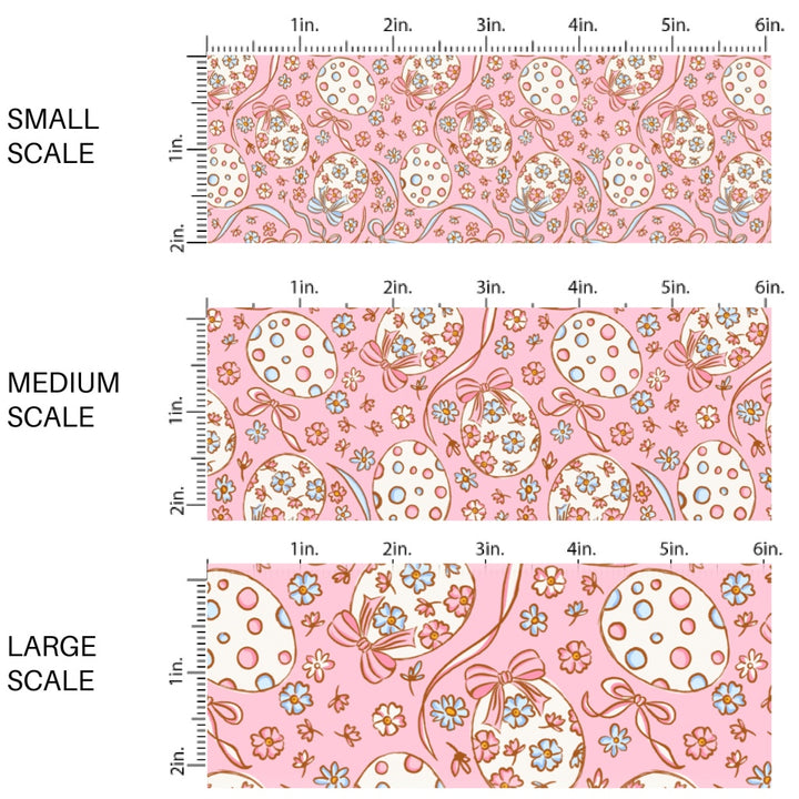 This Easter themed fabric by the yard features beautiful Easter eggs surrounded by bows and flowers. This fun pattern fabric can be used for all your sewing and crafting needs!