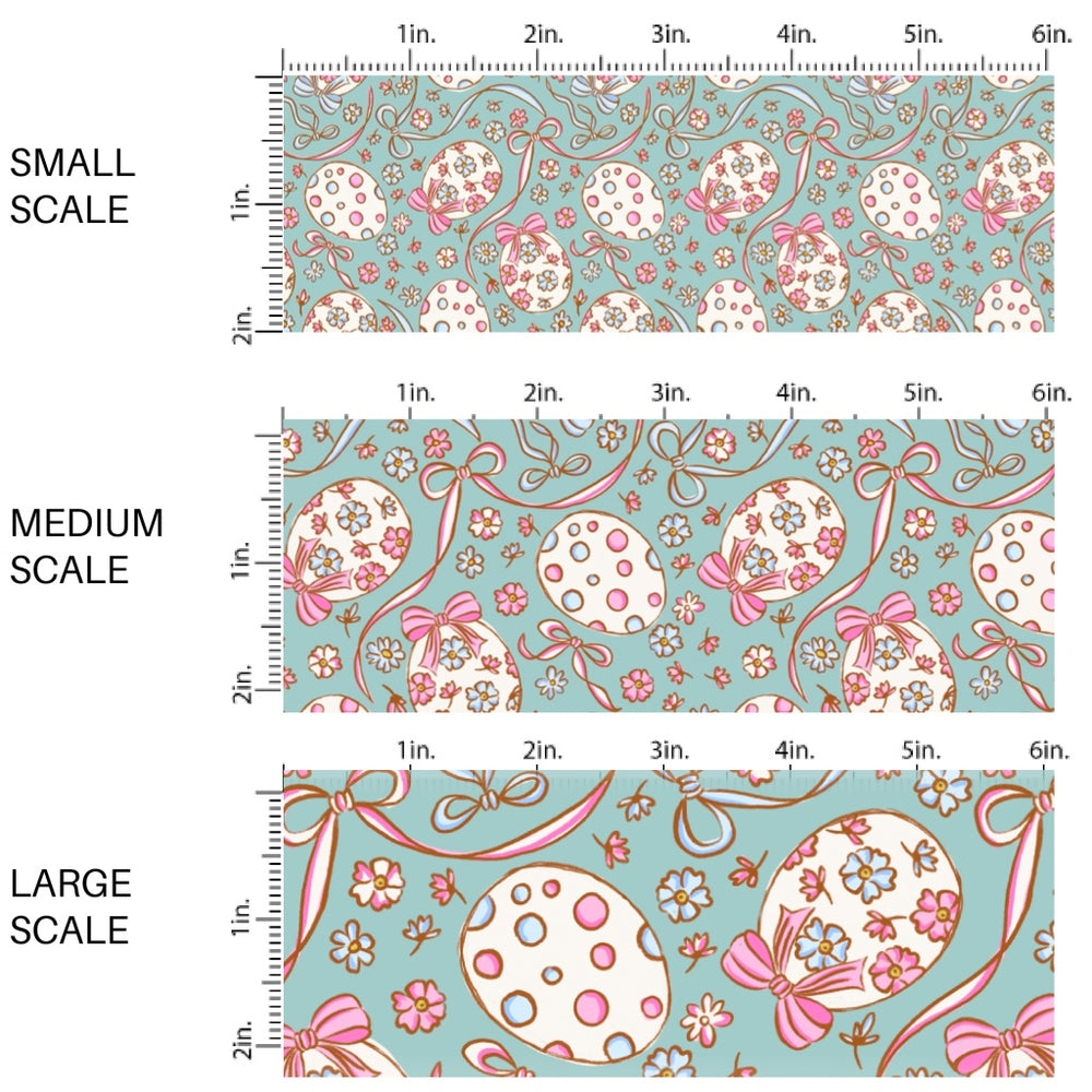 This Easter themed fabric by the yard features beautiful Easter eggs surrounded by bows and flowers. This fun pattern fabric can be used for all your sewing and crafting needs!