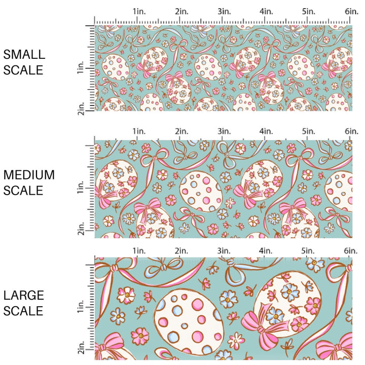 This Easter themed fabric by the yard features beautiful Easter eggs surrounded by bows and flowers. This fun pattern fabric can be used for all your sewing and crafting needs!