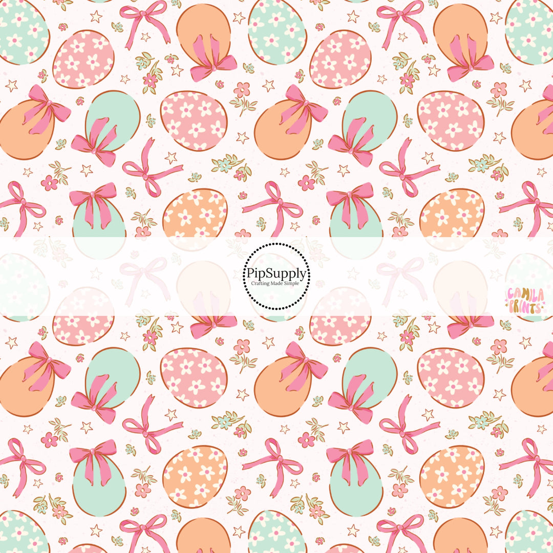 This Easter themed fabric by the yard features floral Easter eggs. This fun pattern fabric can be used for all your sewing and crafting needs!