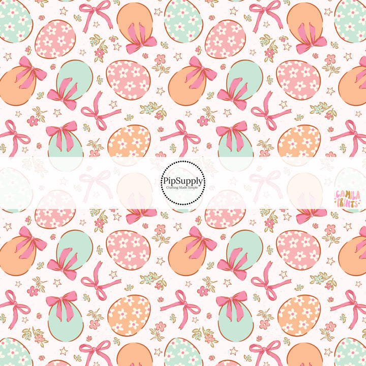 This Easter themed fabric by the yard features floral Easter eggs. This fun pattern fabric can be used for all your sewing and crafting needs!