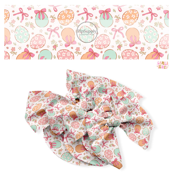 These Easter no sew bow strips can be easily tied and attached to a clip for a finished hair bow. These fun bow strips are great for personal use or to sell. These bow strips feature the following design elements: floral Easter eggs.