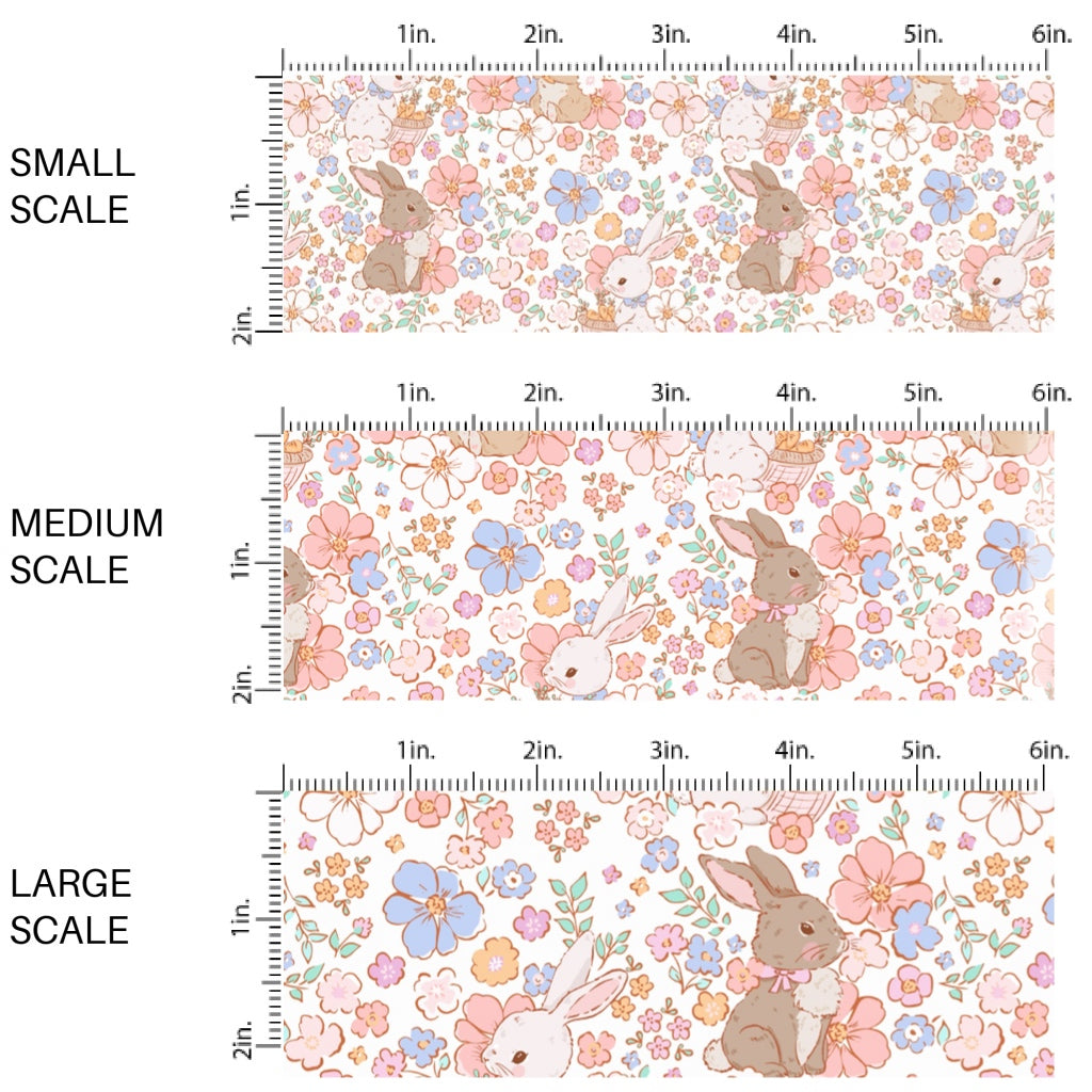 These spring fabric by the yard features bunnies surrounded by pastel floral patterns. This fun pattern fabric can be used for all your sewing and crafting needs!
