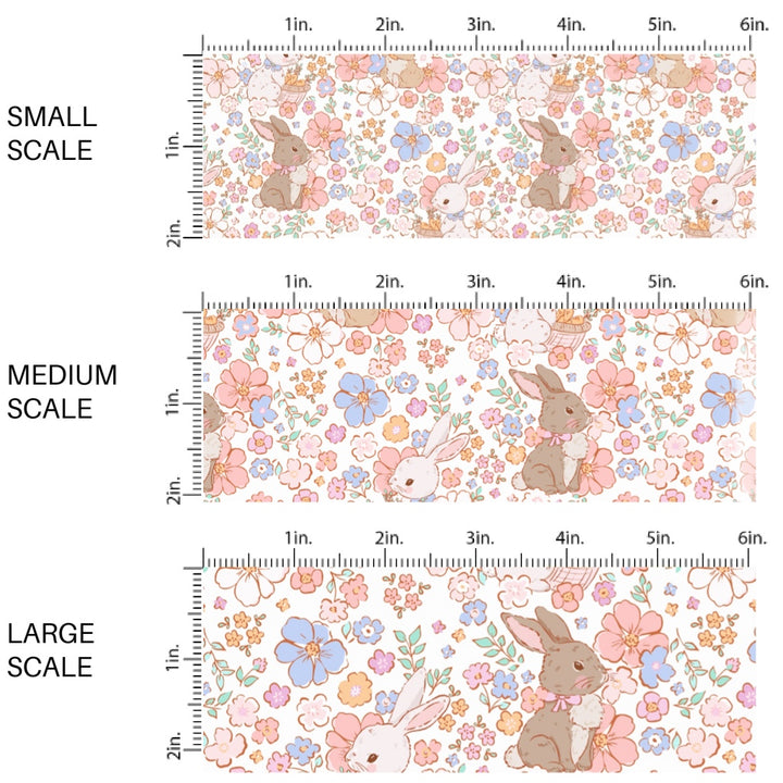 These spring fabric by the yard features bunnies surrounded by pastel floral patterns. This fun pattern fabric can be used for all your sewing and crafting needs!