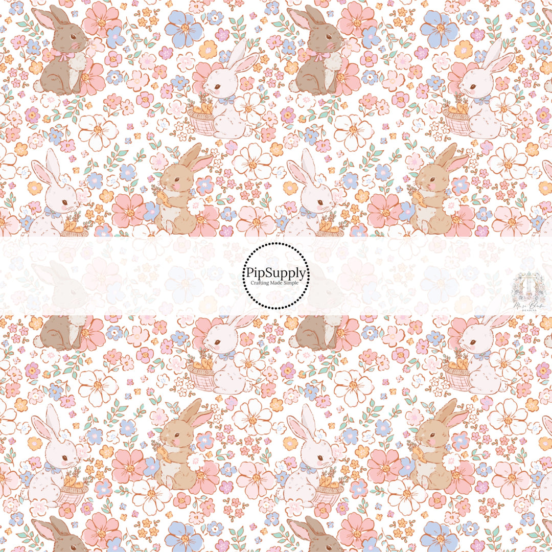 These spring fabric by the yard features bunnies surrounded by pastel floral patterns. This fun pattern fabric can be used for all your sewing and crafting needs!