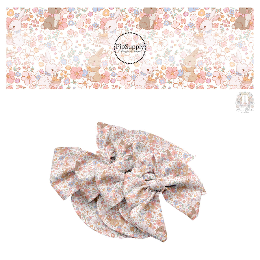 These spring themed no sew bow strips can be easily tied and attached to a clip for a finished hair bow. These bow strips are great for personal use or to sell. These bow strips feature the following design elements: bunnies surrounded by pastel floral patterns.