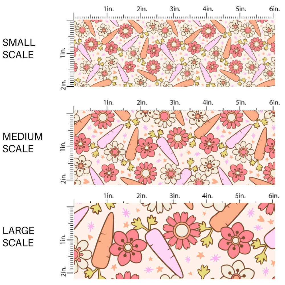 This Easter themed fabric by the yard features colorful flowers and carrots. This fun pattern fabric can be used for all your sewing and crafting needs!