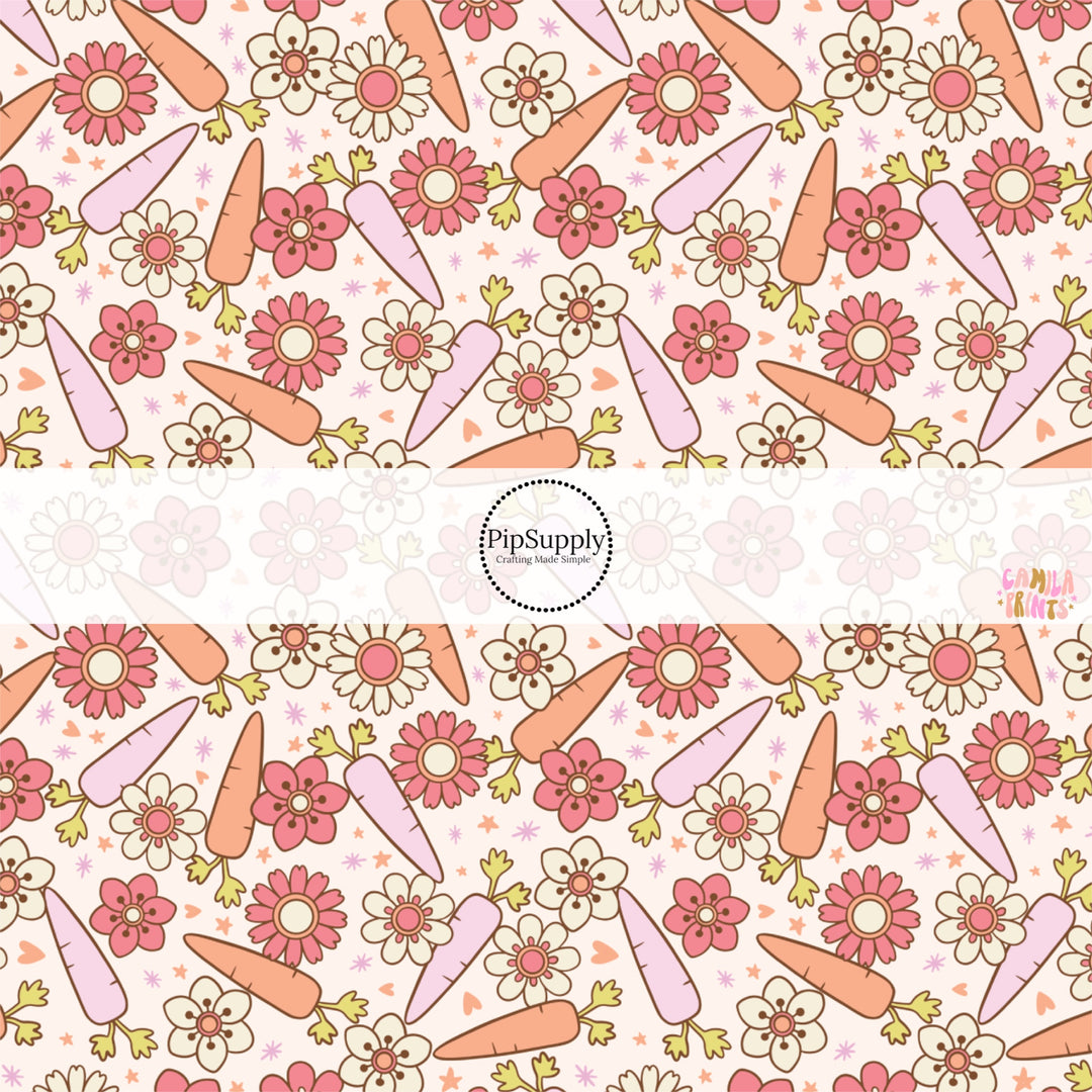 This Easter themed fabric by the yard features colorful flowers and carrots. This fun pattern fabric can be used for all your sewing and crafting needs!