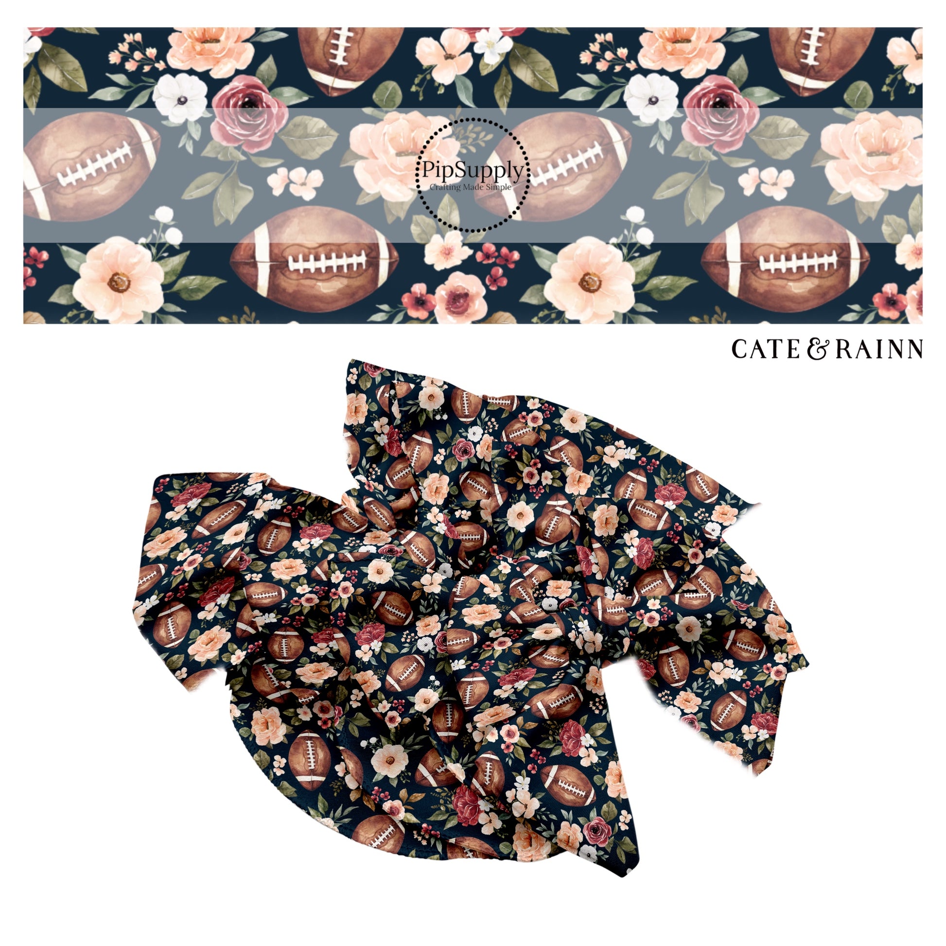 Brown footballs with multi flowers on navy hair bow strips
