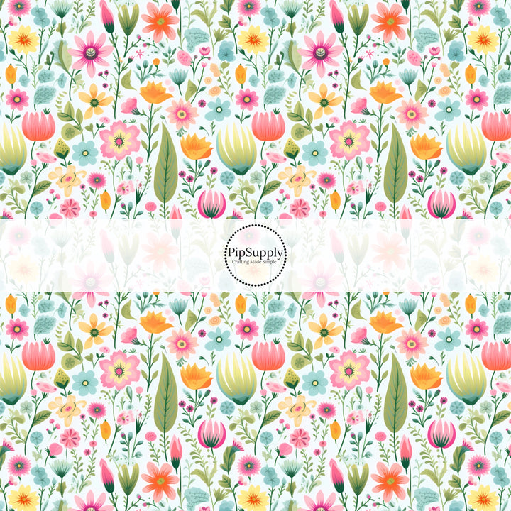 These floral fabric by the yard features colorful flower stems and leaves. This fun pattern fabric can be used for all your sewing and crafting needs!