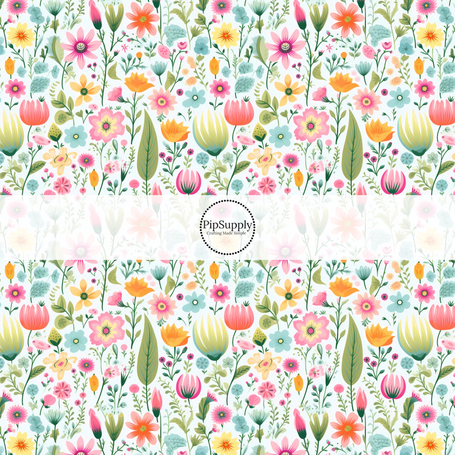 These floral fabric by the yard features colorful flower stems and leaves. This fun pattern fabric can be used for all your sewing and crafting needs!