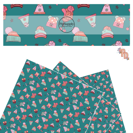 Peach, pink, and green multi hats on turquoise faux leather sheets