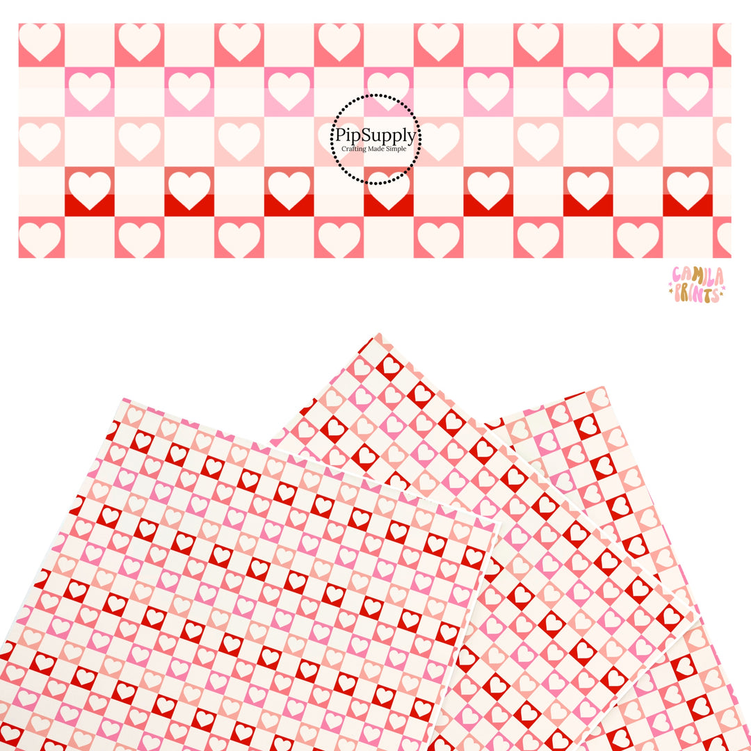 These holiday faux leather sheets contain the following design elements: hearts on cream, pink and red checkers. Our CPSIA compliant faux leather sheets or rolls can be used for all types of crafting projects.