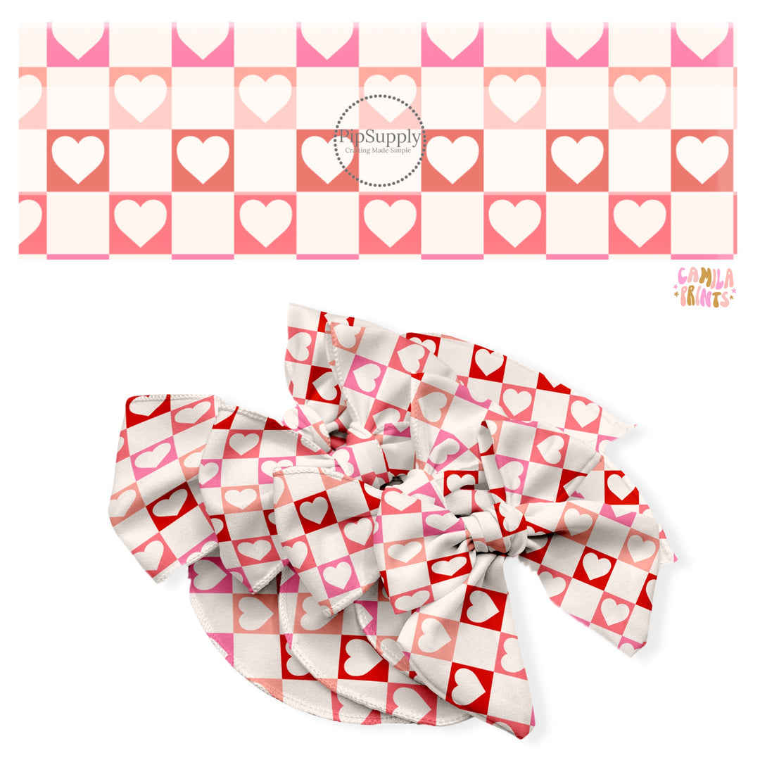 These holiday no sew bow strips can be easily tied and attached to a clip for a finished hair bow. These festive bow strips are great for personal use or to sell. These bow strips feature the following design elements: hearts on cream, red and pink checkers.