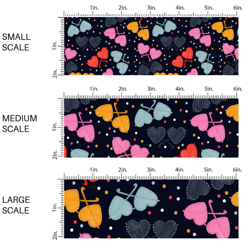 This holiday fabric by the yard features colorful heart glasses on black. This festive pattern fabric can be used for all your sewing and crafting needs!