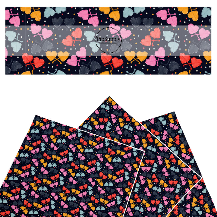 These holiday faux leather sheets contain the following design elements: colorful heart glasses on black. Our CPSIA compliant faux leather sheets or rolls can be used for all types of crafting projects.