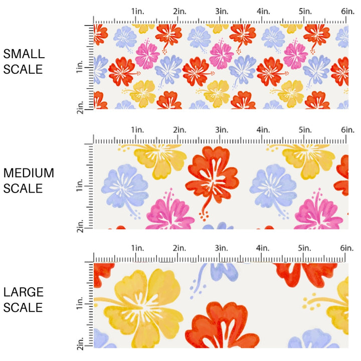 This scale chart of small scale, medium scale, and large scale of this tropical fabric by the yard features multi color tropical hibiscus flowers. This fun summer themed fabric can be used for all your sewing and crafting needs!