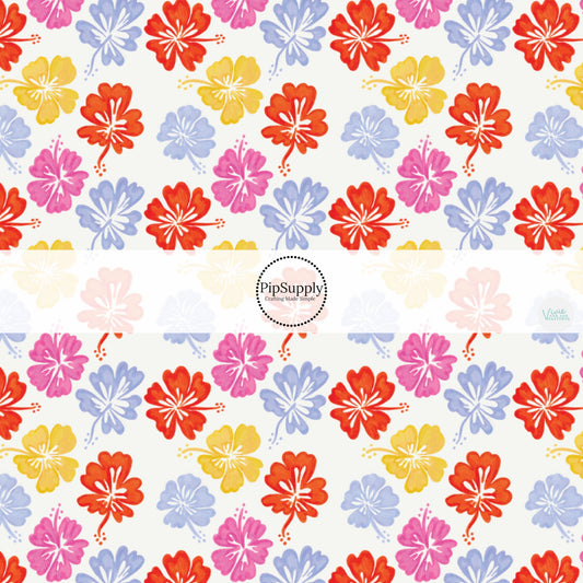 This tropical fabric by the yard features multi color tropical hibiscus flowers. This fun summer themed fabric can be used for all your sewing and crafting needs!