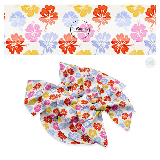 These tropical themed no sew bow strips can be easily tied and attached to a clip for a finished hair bow. These summer patterned bow strips are great for personal use or to sell. These bow strips feature multi color tropical hibiscus flowers.