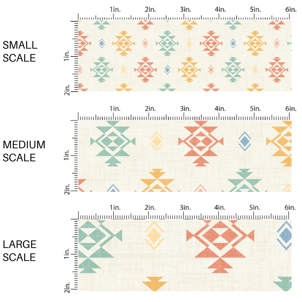 This scale chart of small scale, medium scale, and large scale of this summer fabric by the yard features western aztec pattern on cream. This fun summer themed fabric can be used for all your sewing and crafting needs!
