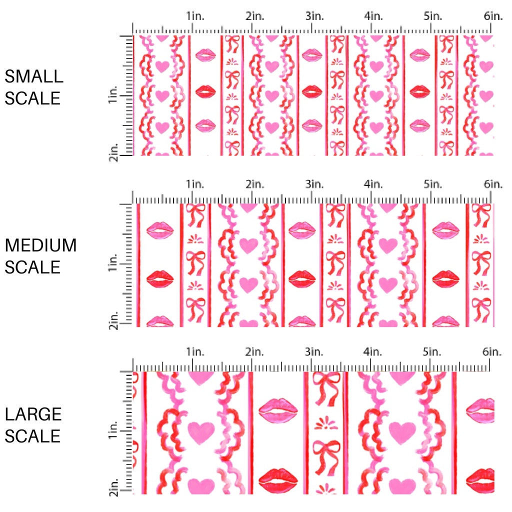 This holiday fabric by the yard features red and pink kisses and hearts between stripes. This festive pattern fabric can be used for all your sewing and crafting needs.