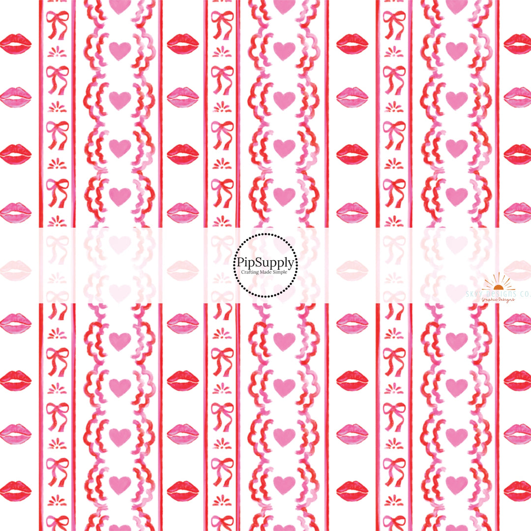 This holiday fabric by the yard features red and pink kisses and hearts between stripes. This festive pattern fabric can be used for all your sewing and crafting needs.