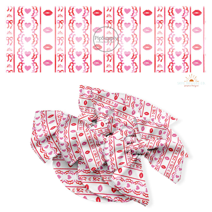 These holiday no sew bow strips can be easily tied and attached to a clip for a finished hair bow. These festive bow strips are great for personal use or to sell. These bow strips feature the following design elements: red and pink kisses and hearts between stripes.