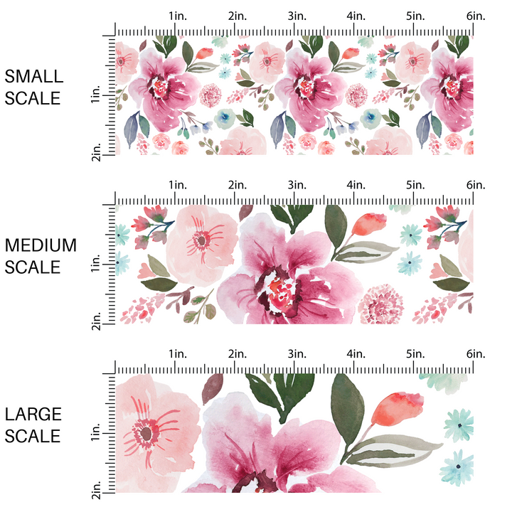 This scale chart with small scale, medium scale, and large scale of these pastel watercolor flower on white fabric by the yard features light pink, peach, blue, teal, purple, green, and olive beautiful flowers and leaves. 