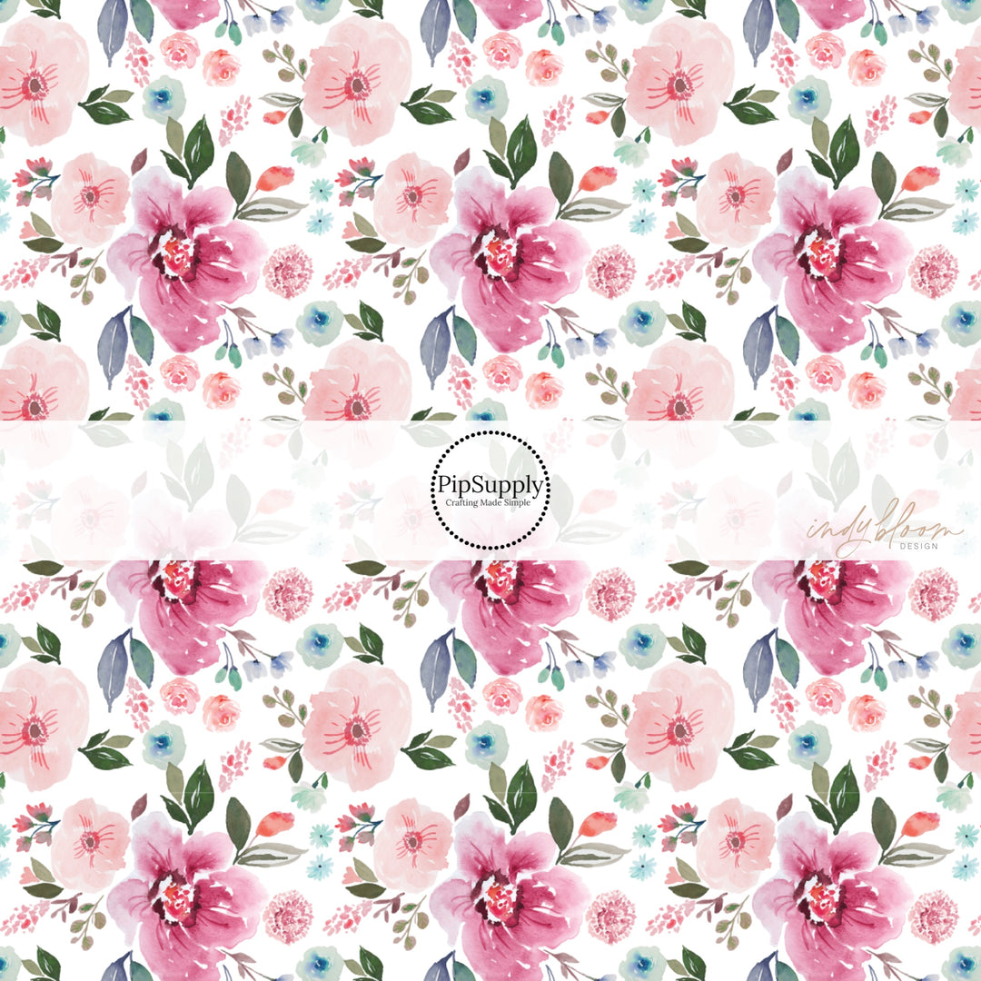 These pastel watercolor flower on white fabric by the yard features light pink, peach, blue, teal, purple, green, and olive beautiful flowers and leaves. 