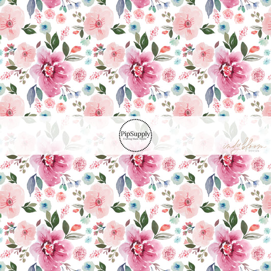 These pastel watercolor flower on white fabric by the yard features light pink, peach, blue, teal, purple, green, and olive beautiful flowers and leaves. 