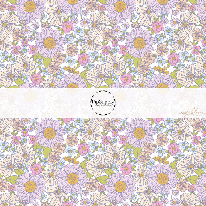 These spring fabric by the yard features lilac and peach floral patterns. This fun pattern fabric can be used for all your sewing and crafting needs!
