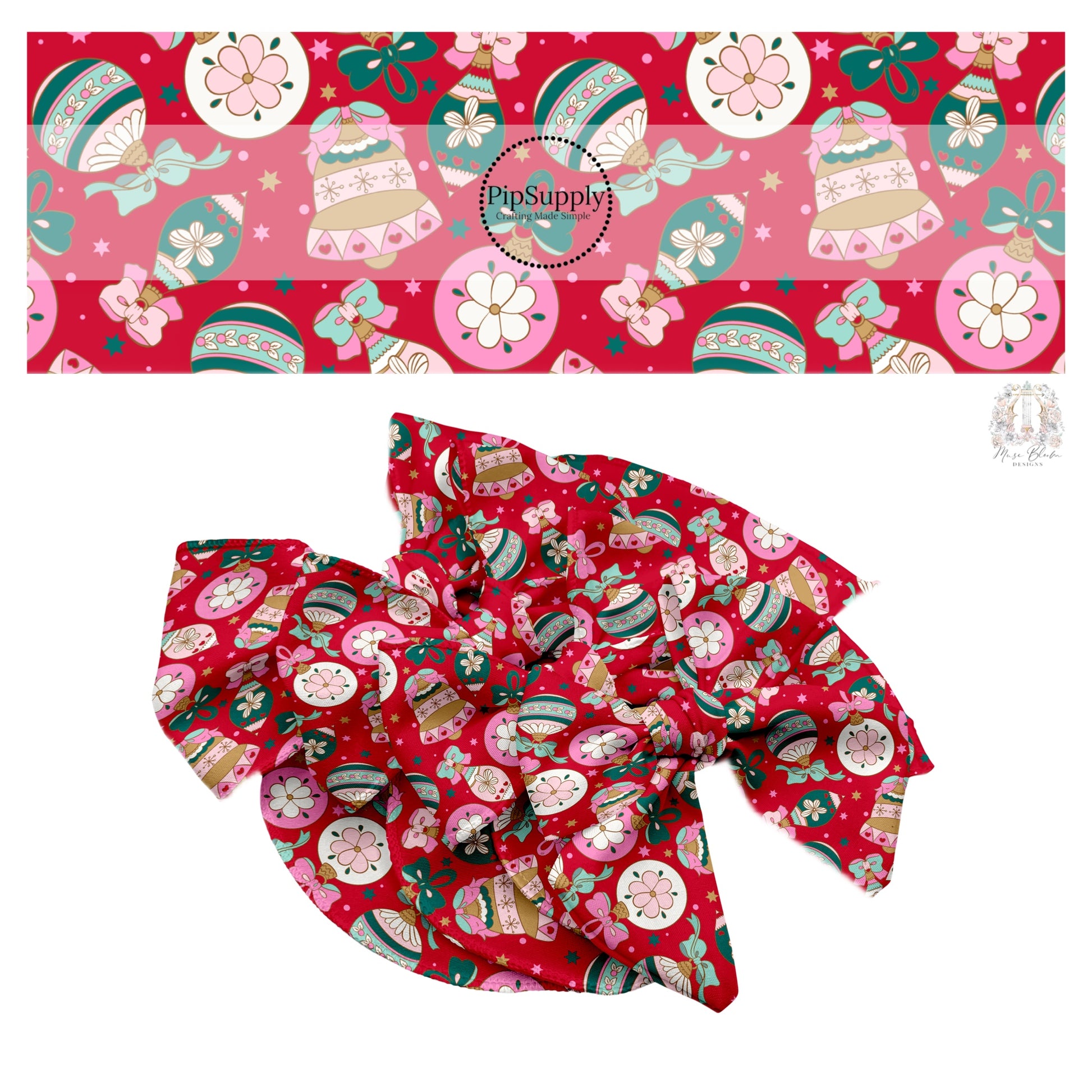 Multi vintage ornaments with stars on red hair bow strips