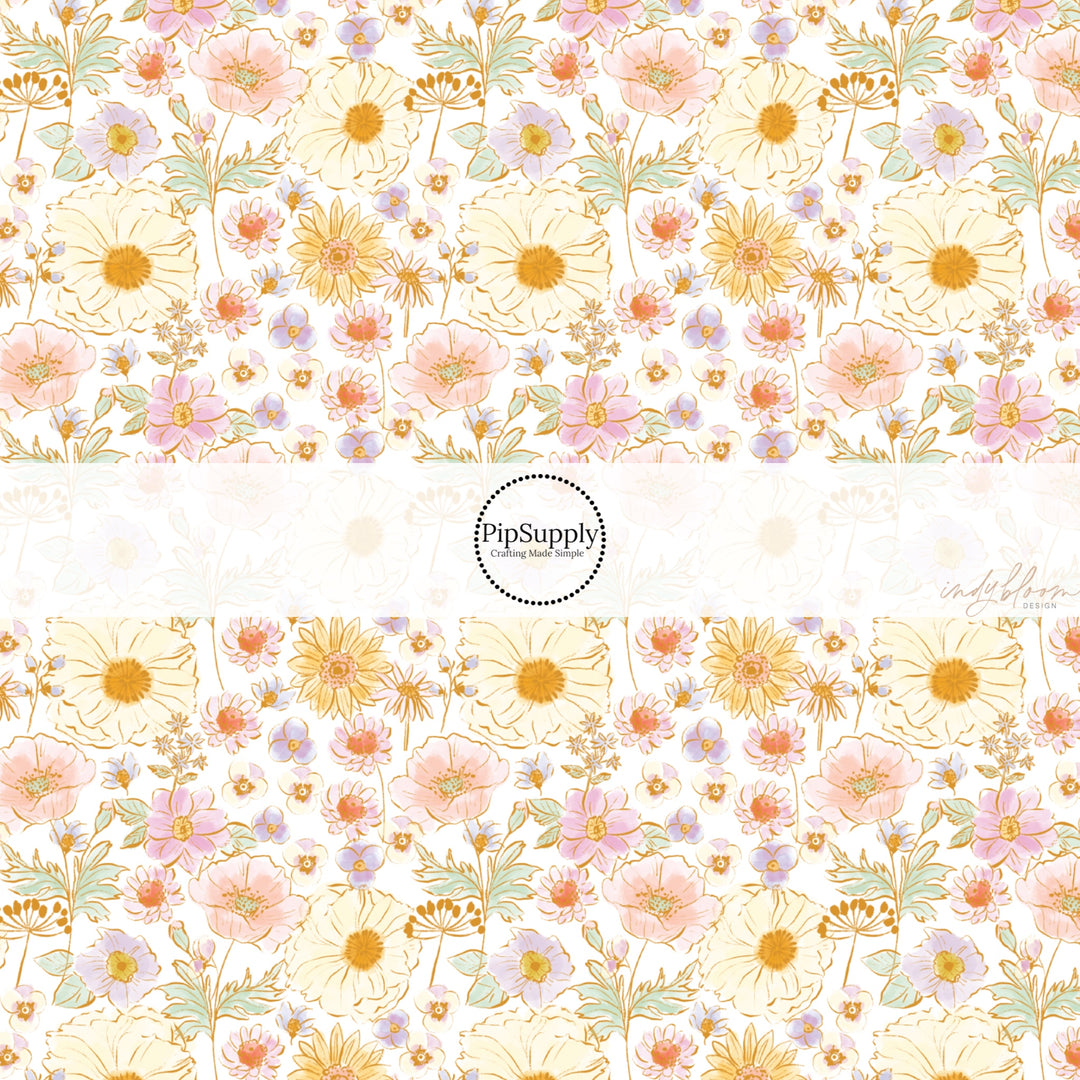 These spring fabric by the yard features multi pastel flowers. This fun pattern fabric can be used for all your sewing and crafting needs!