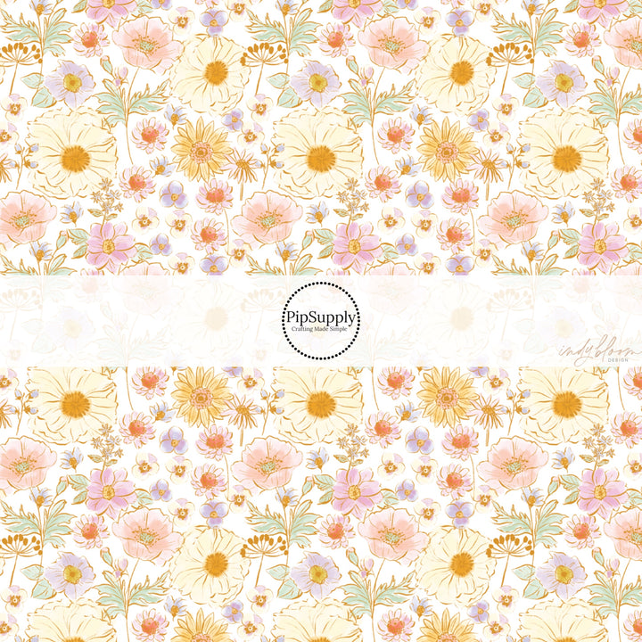 These spring fabric by the yard features multi pastel flowers. This fun pattern fabric can be used for all your sewing and crafting needs!