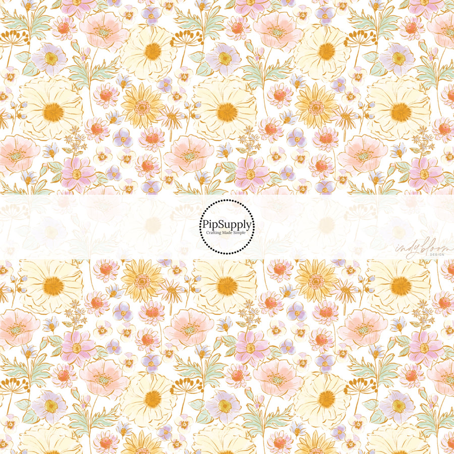 These spring fabric by the yard features multi pastel flowers. This fun pattern fabric can be used for all your sewing and crafting needs!